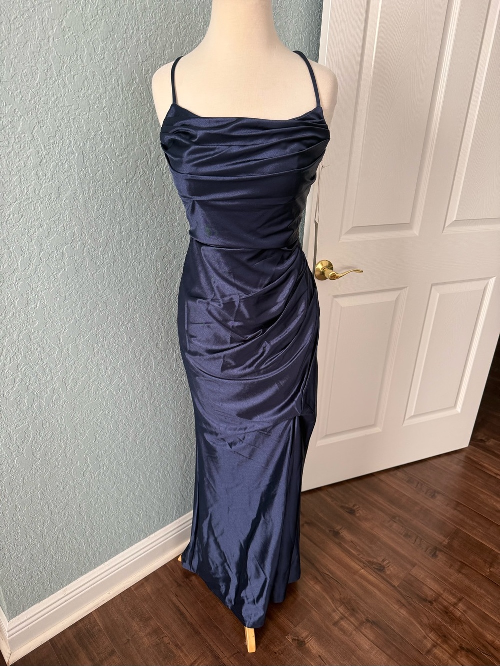 Signature Navy Satin Cowl Neck Spaghetti Strap Maxi Dress for weddings, proms